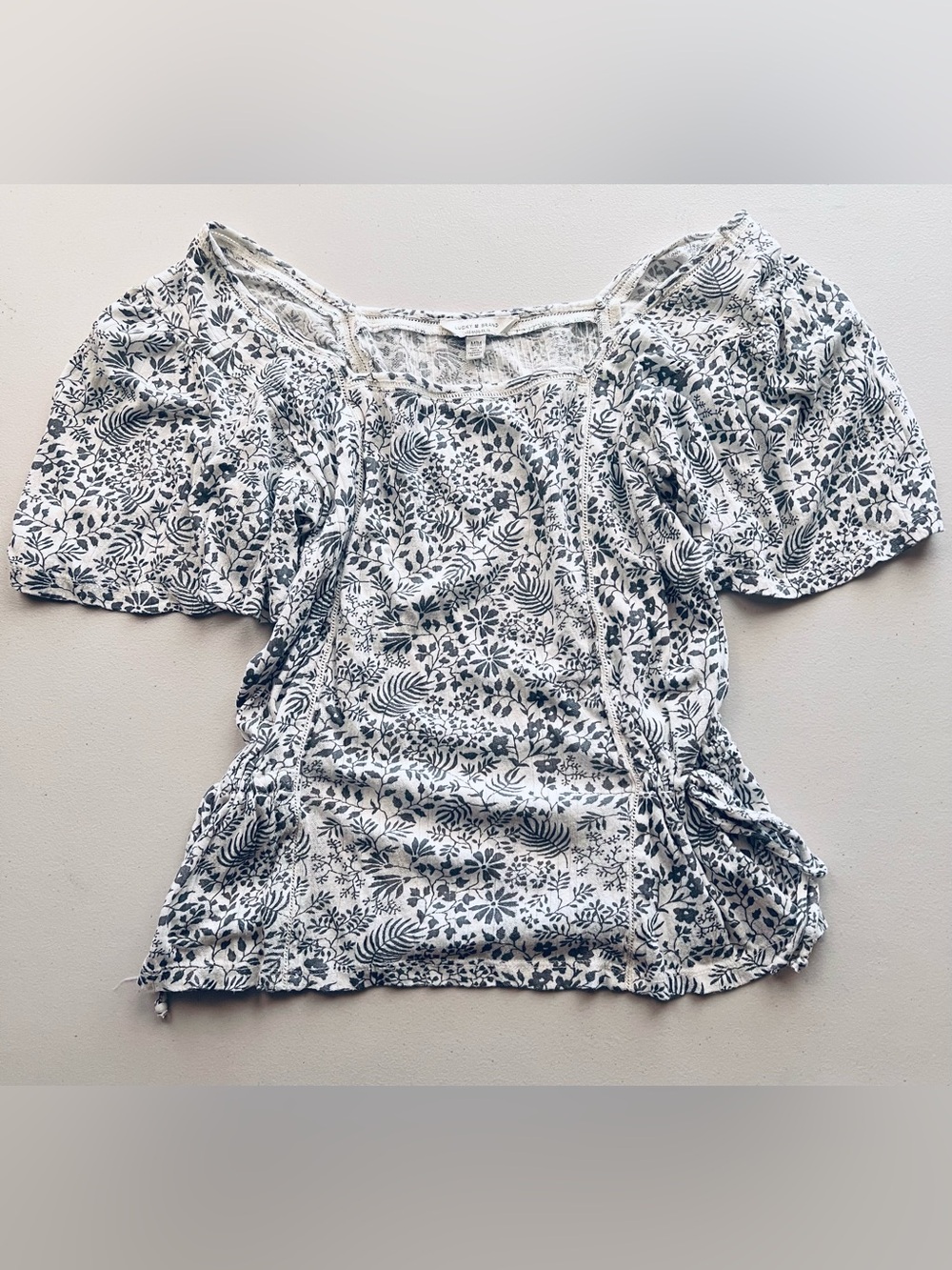 Lucky Brand White Top with Black Floral Print and Lace Trim